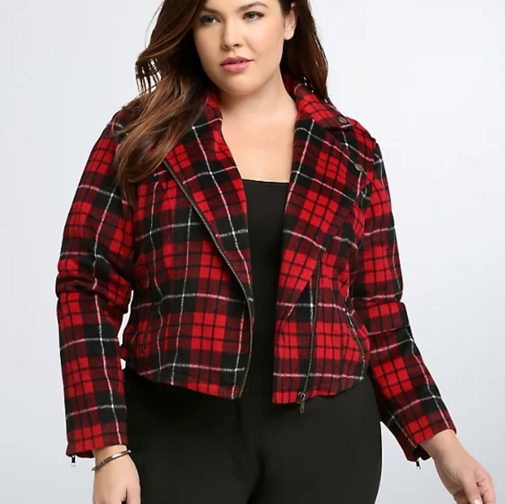 Torrid Red Black Plaid Moto Jacket 2x